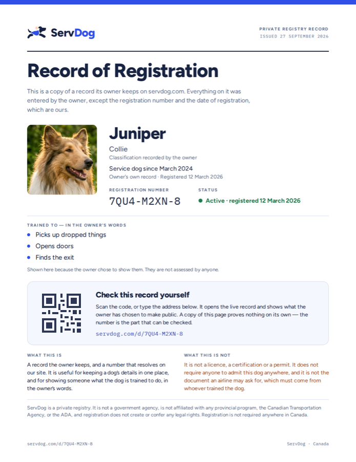 A sample Record of Registration for Juniper, a collie, registration number 7QU4-M2XN-8.