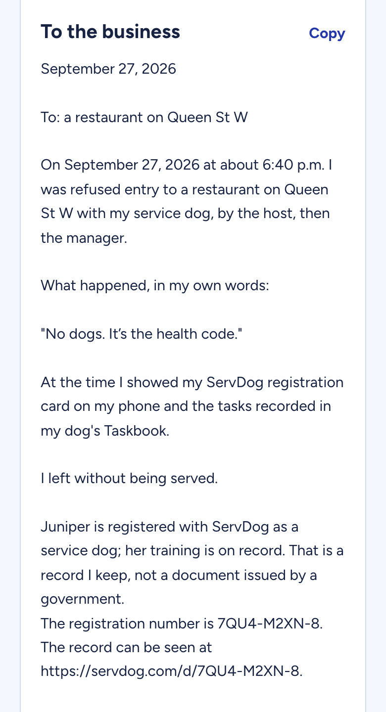 The first lines of the letter to the business, written from the log.