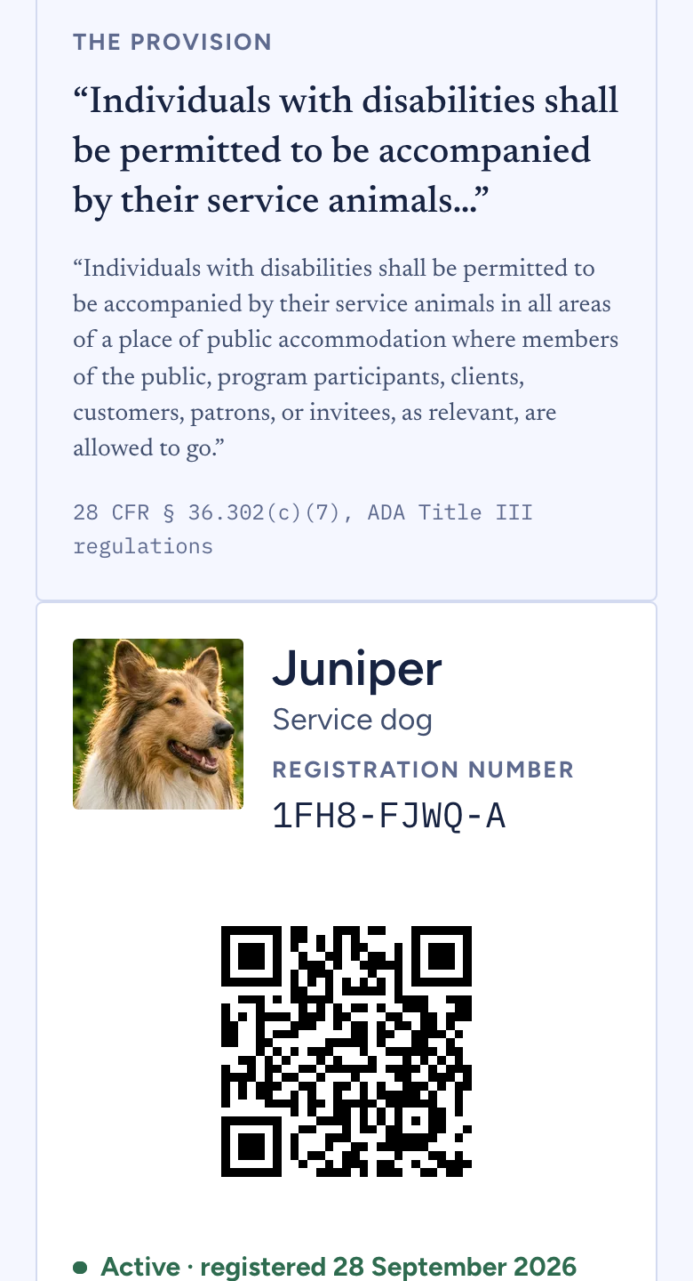 The At the door screen for a shop in the United States, with 28 CFR § 36.302(c)(7) in its own words and Juniper’s record underneath.