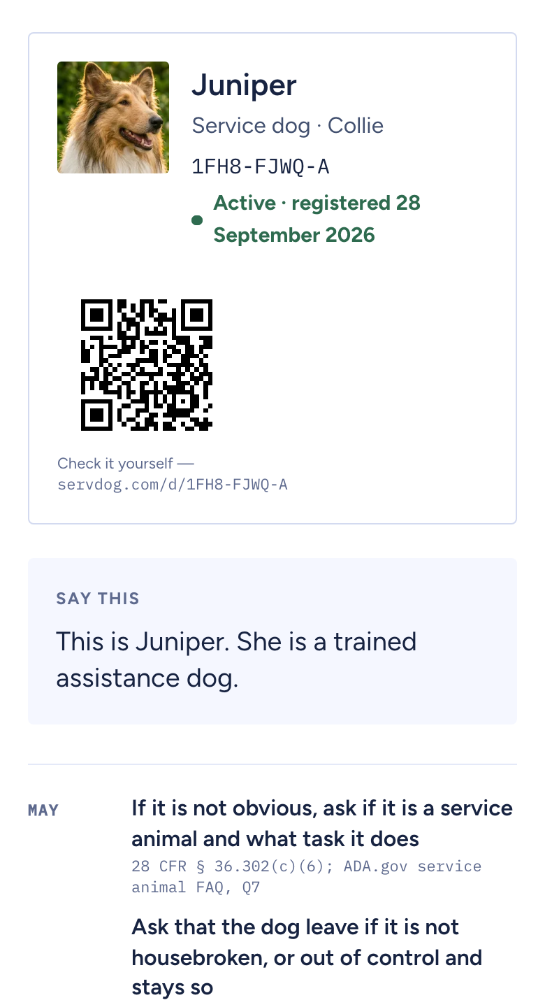 The handover screen: Juniper’s photo, her registration number, and the code to scan.