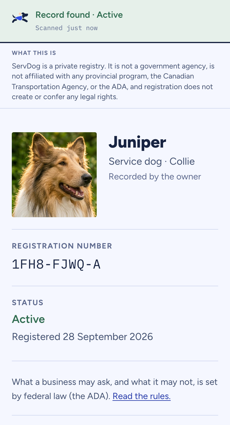The public record a scan opens for Juniper: Active, with the date it was registered.